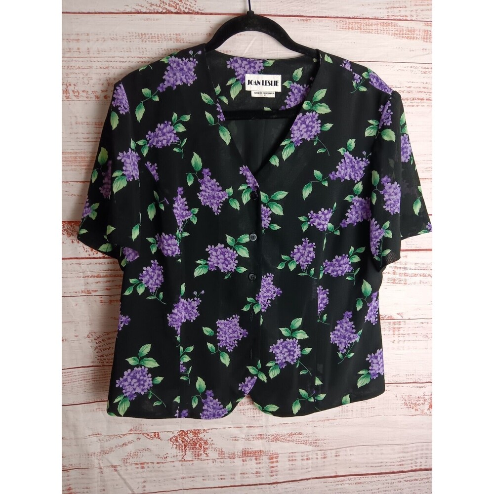Joan Leslie Blouse Women's 12 Black Floral Short Sleeve Vintage